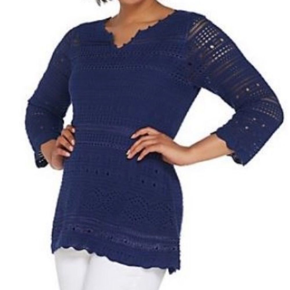 Laurie Felt Split V-Neck 3/4 Sleeve Crochet Tunic Size: S